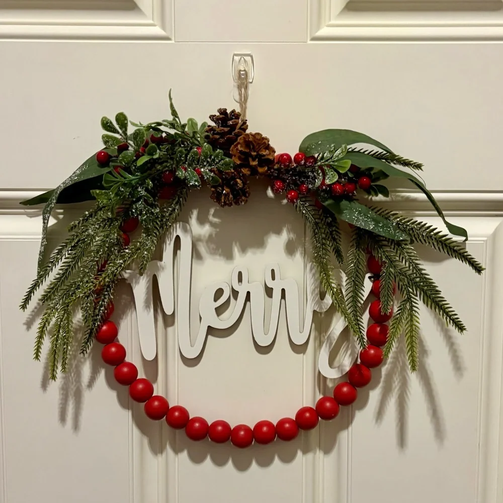 Holiday Wreath with Red Beads and Greenery
